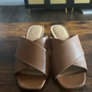 Size 8, brown slip on block sandals